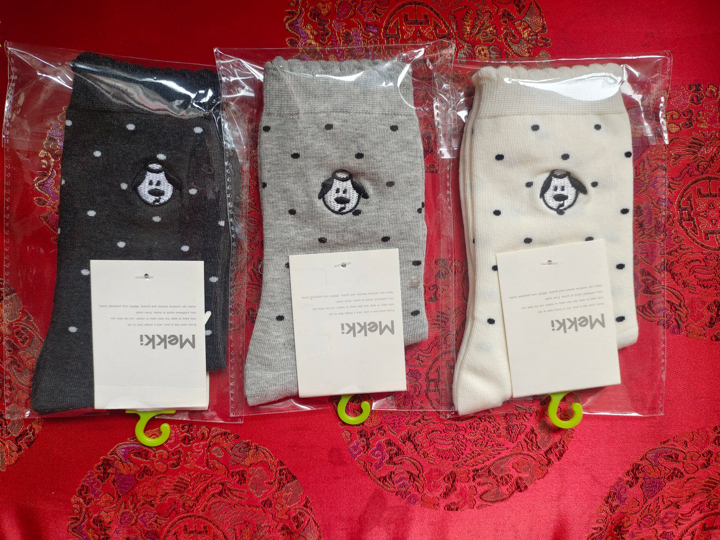 Cute Embroidered Dog Polka Dot Crew Socks for Women