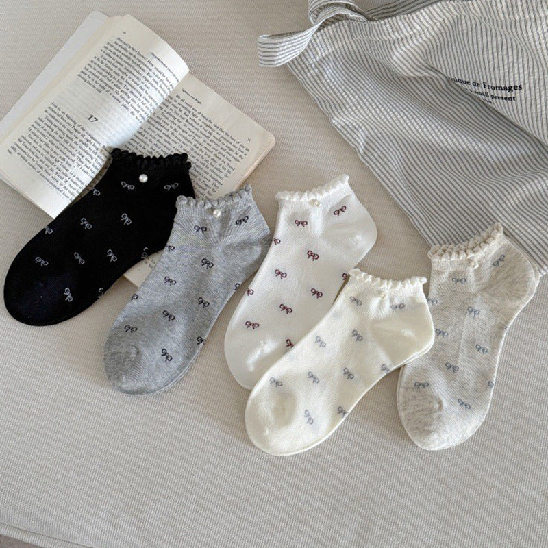 Bow Ruffle Ankle Socks for Women | Thin Summer Patterned Cotton Socks