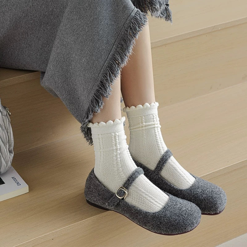 Cream Cotton Crew Socks for Women | Breathable Patterned Socks
