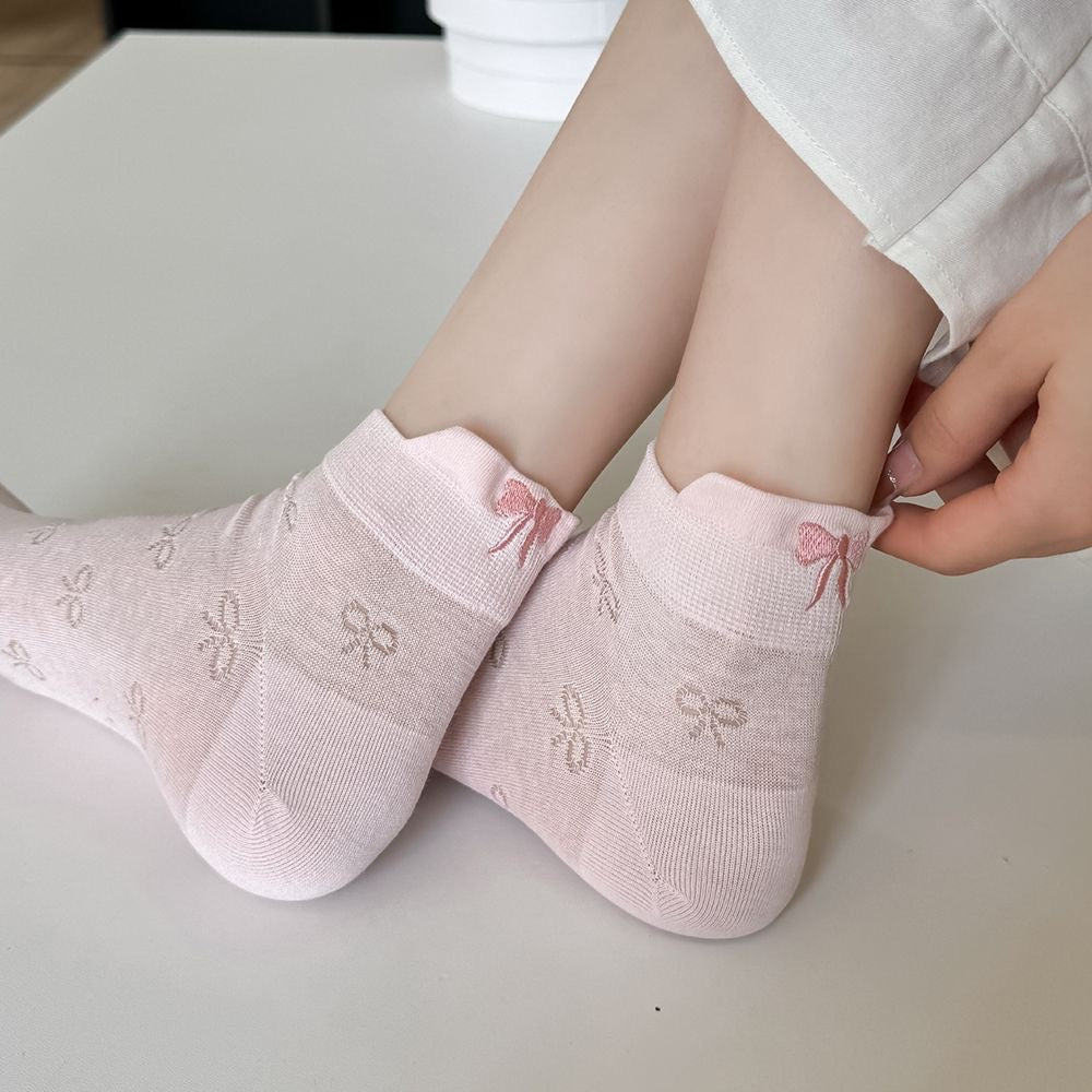 Bow Embroidered Ankle Socks for Women | Breathable Summer Mesh Socks