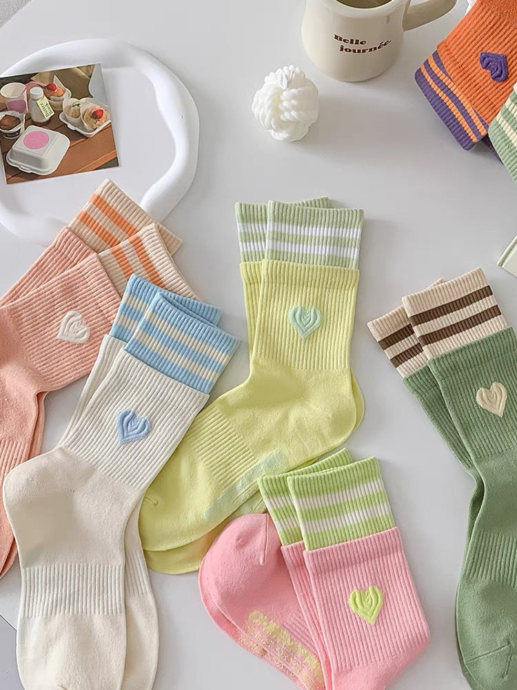 Cute Heart Striped Crew Socks | Athletic Socks for Women