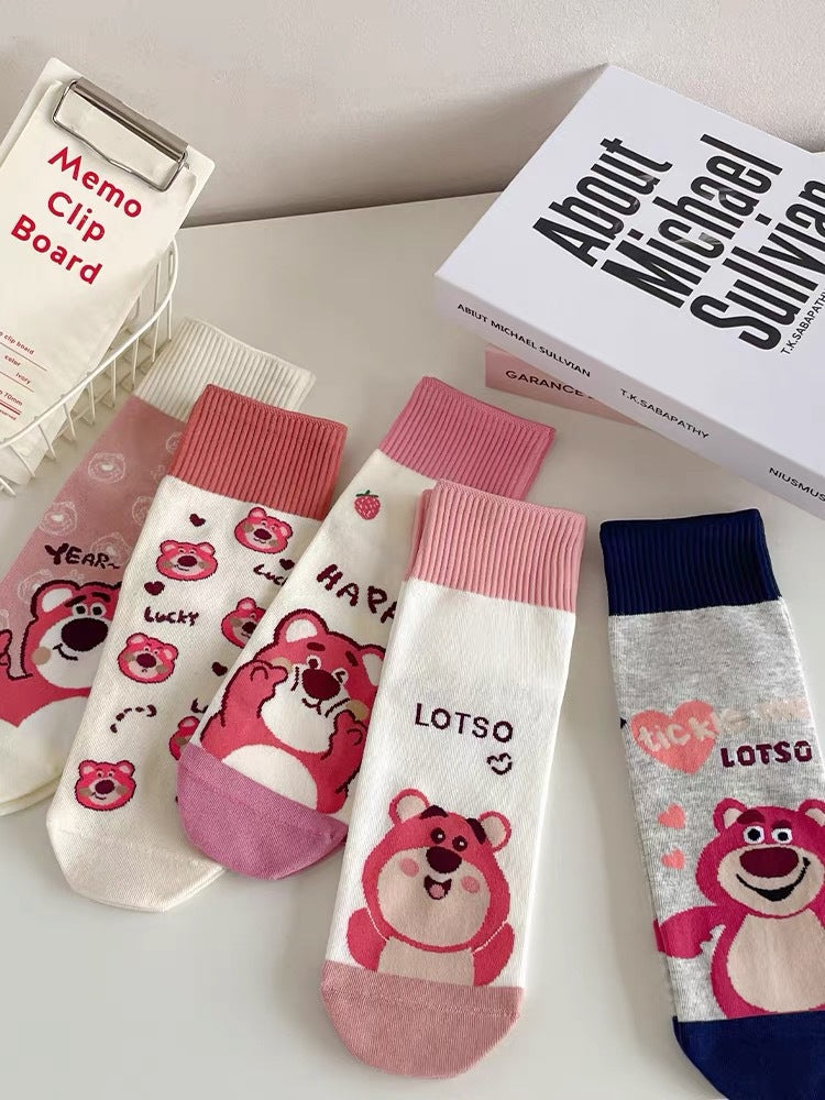 Cute Cotton Novelty Crew Socks | Strawberry Bear Print for Women