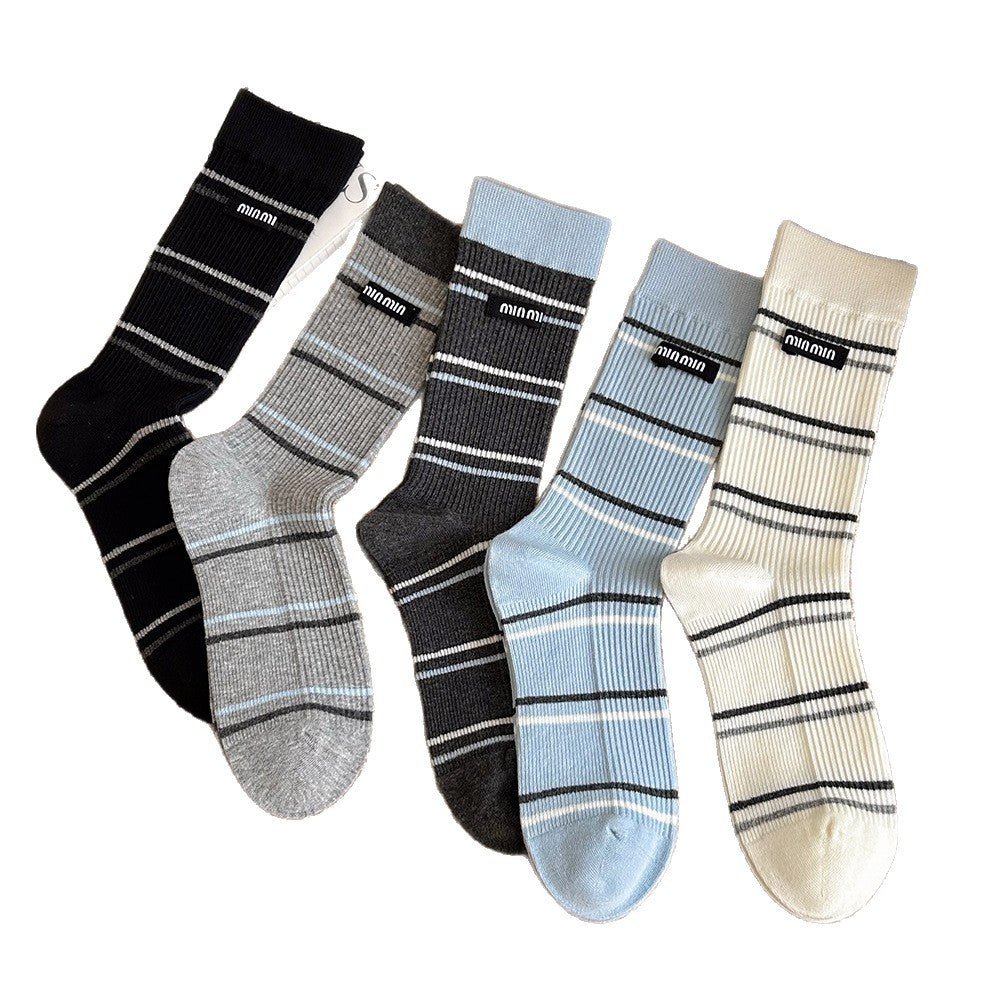 Women's Striped Cotton Crew Socks | Trendy Mid-Calf Socks