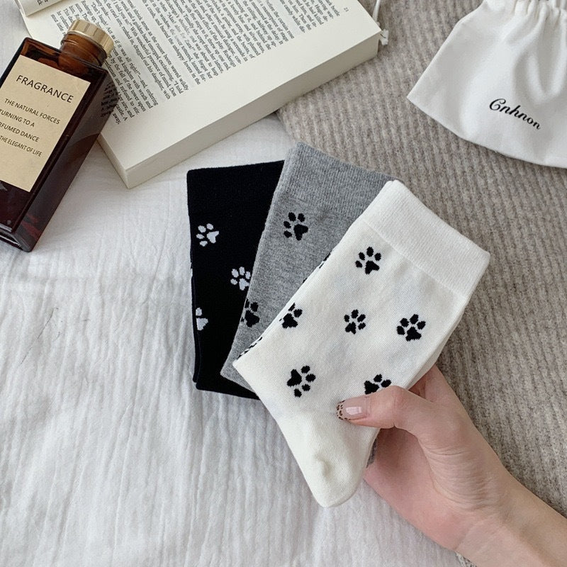 Playful Cat Paw Cotton Crew Socks for Women | Casual Patterned