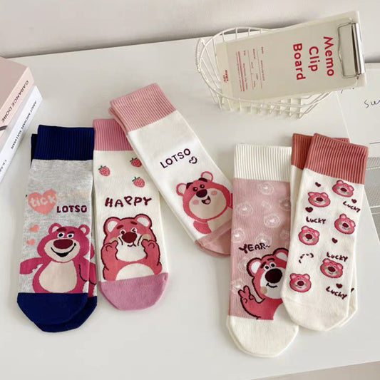 Cute Cotton Novelty Crew Socks | Strawberry Bear Print for Women