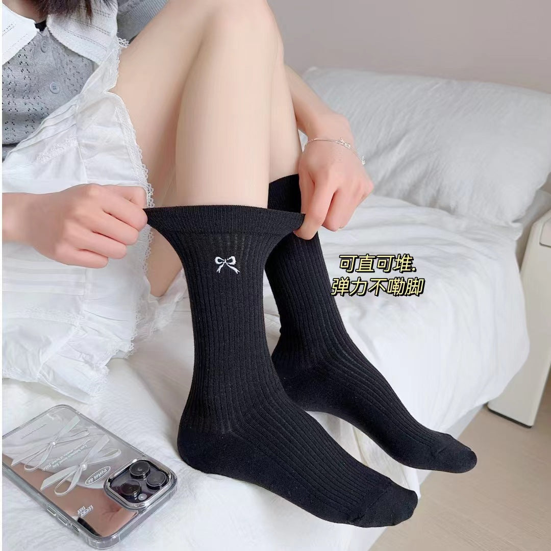 Embroidered Bow Cotton Crew Socks for Women | Casual Everyday Socks