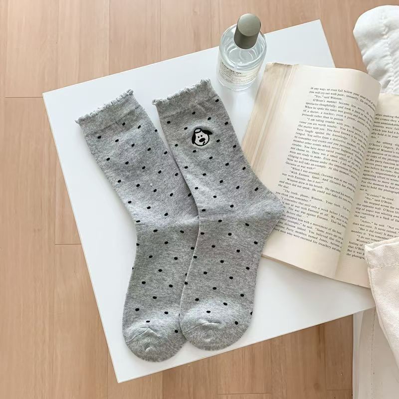 Cute Embroidered Dog Polka Dot Crew Socks for Women