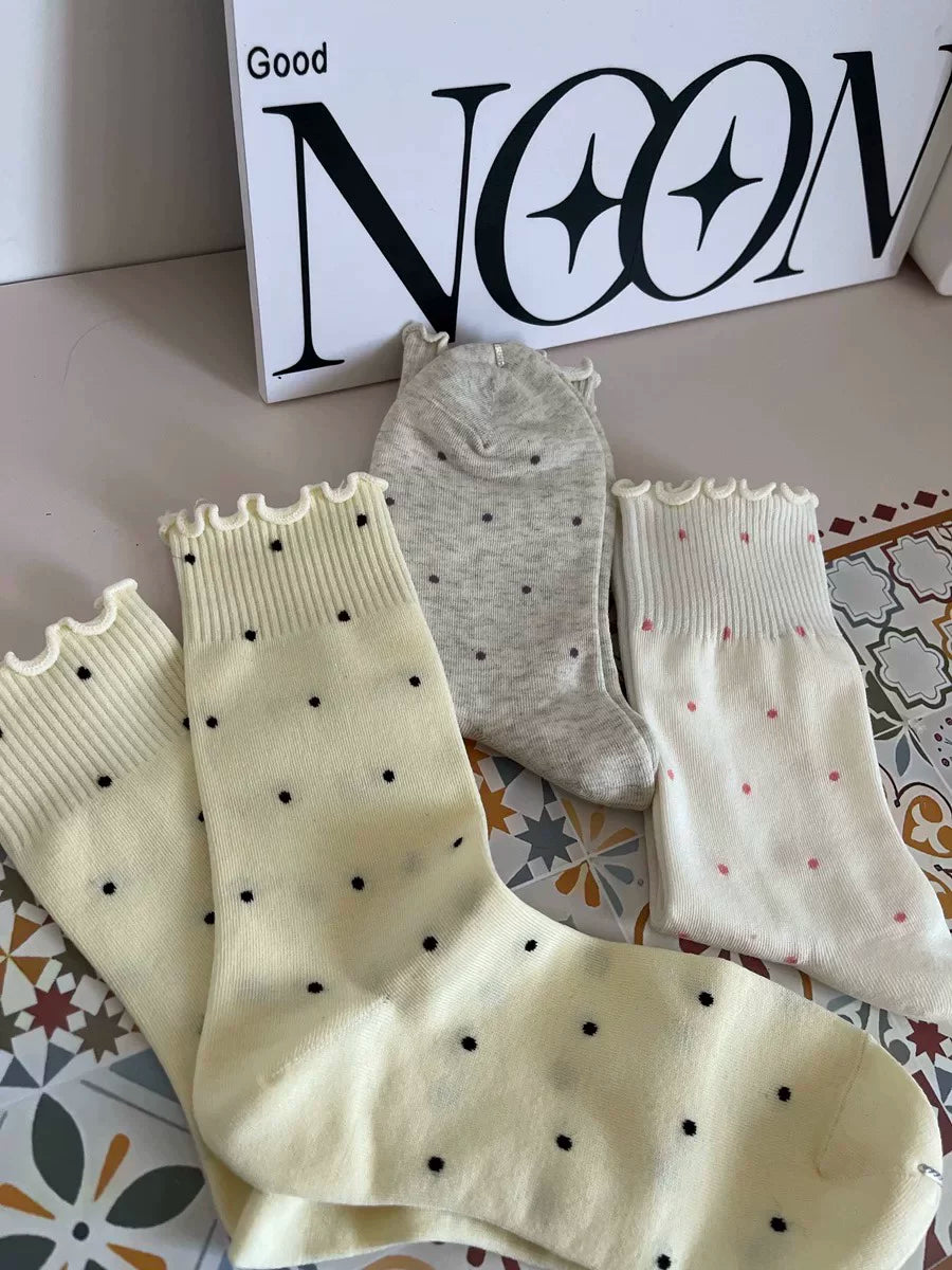 Ruffled Polka Dot Cotton Crew Socks for Women