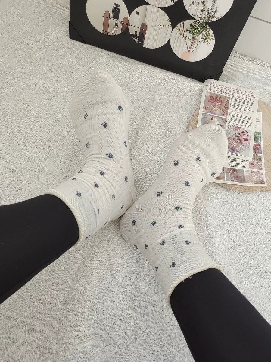 Floral Ruffle Crew Socks for Women | Thin Breathable Spring Socks