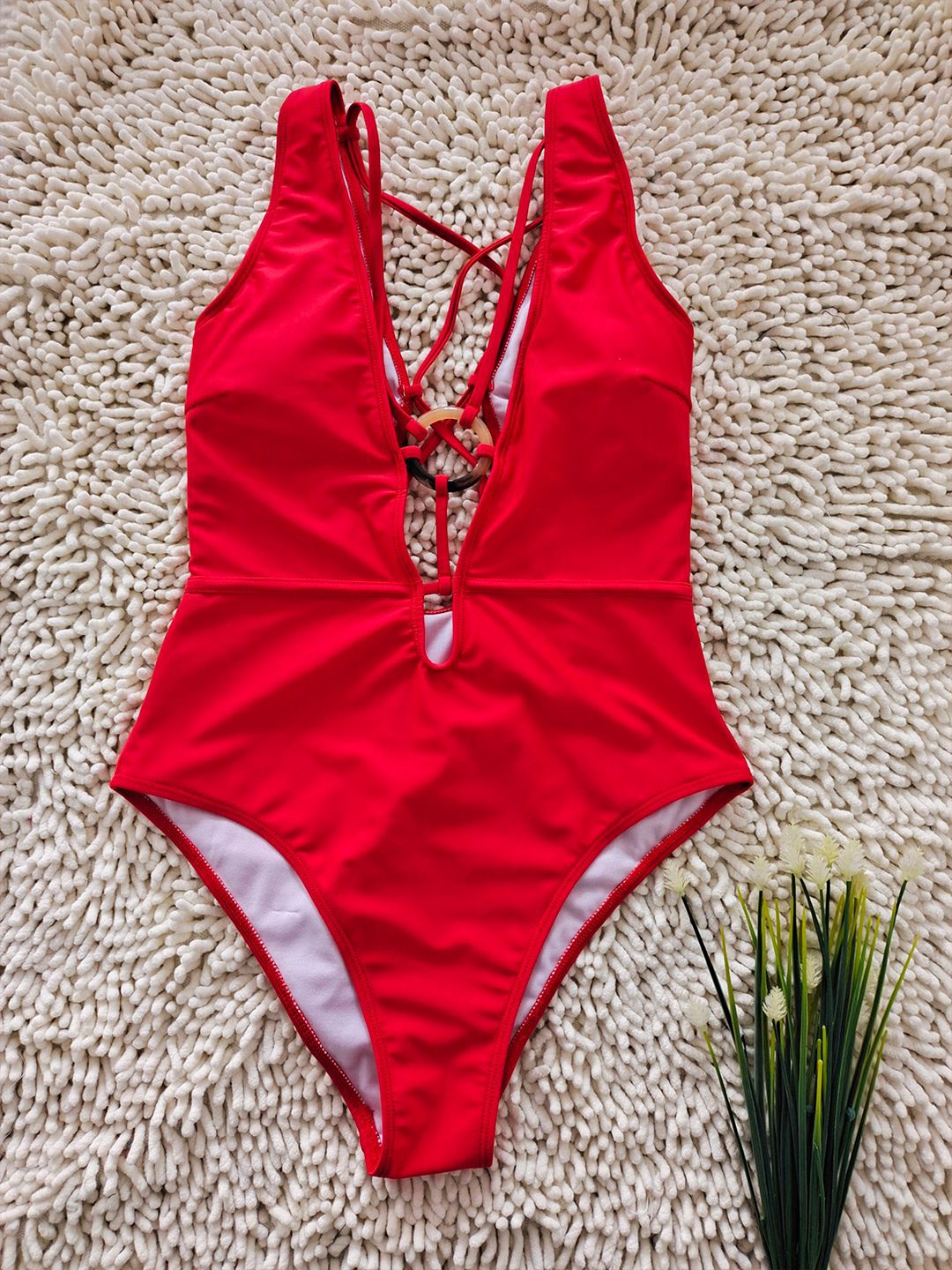 Sexy Deep-V Cutout One-Piece Swimsuit | Red Women's Swimwear