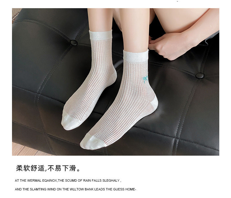 Bow Embroidered Women Ankle Socks | Breathable Cotton Mesh Summer Socks