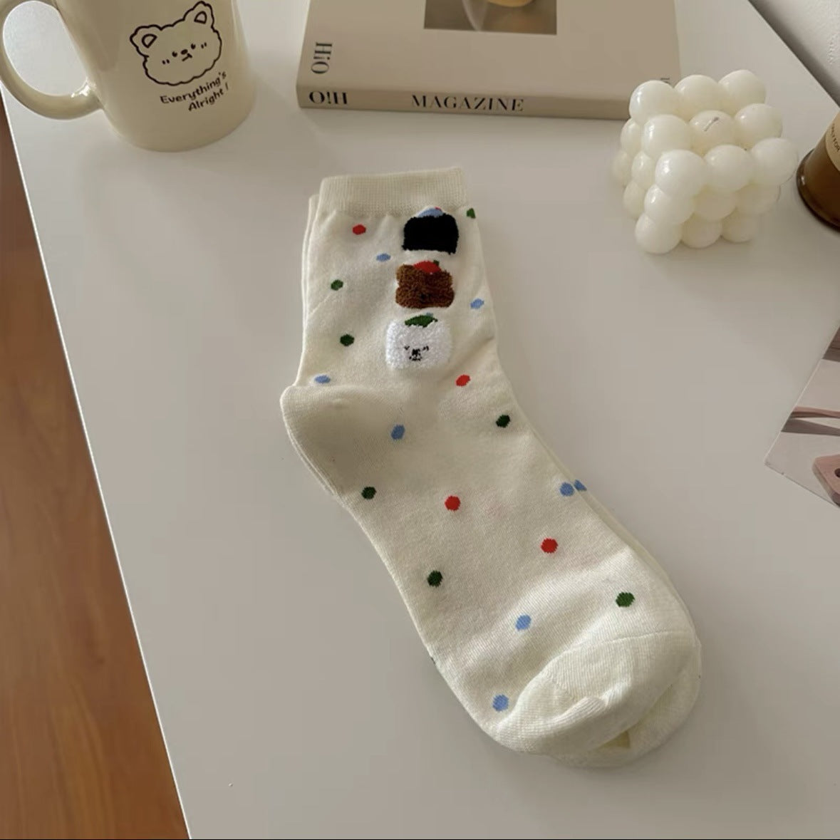 Cute Cotton Polka Dot Bear Crew Socks for Women