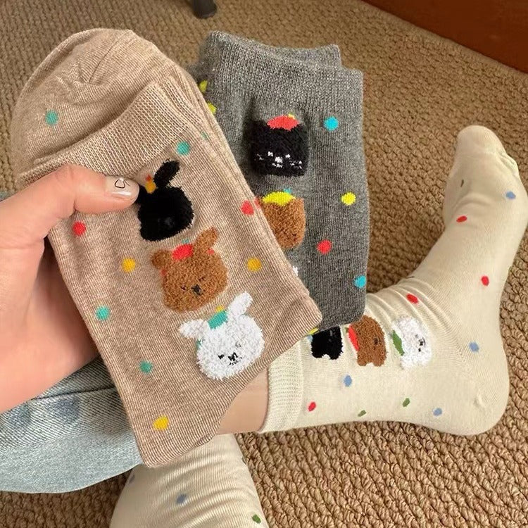 Cute Cotton Polka Dot Bear Crew Socks for Women