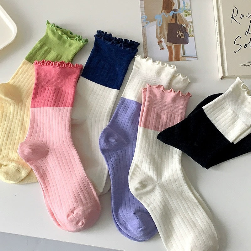 Cute Colorblock Ruffled Cotton Crew Socks for Women