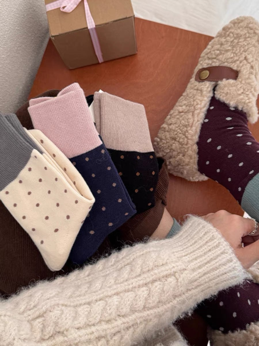 Retro Polka Dot Colorblock Crew Socks for Women