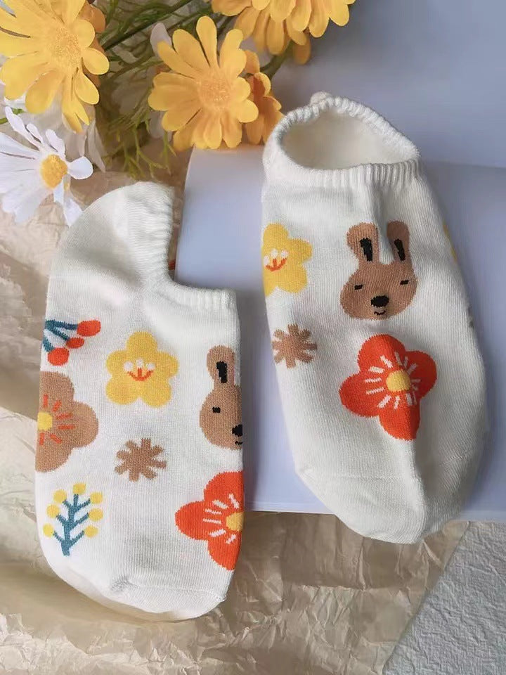 Cute Floral Rabbit No-Show Socks for Women | Casual Cotton