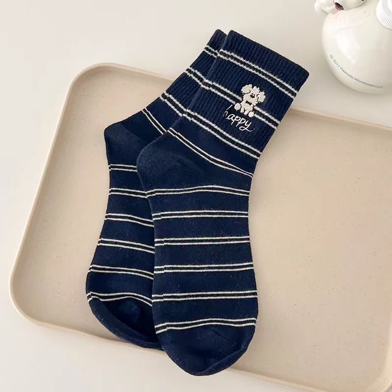 Cute Embroidered Striped Crew Socks for Women