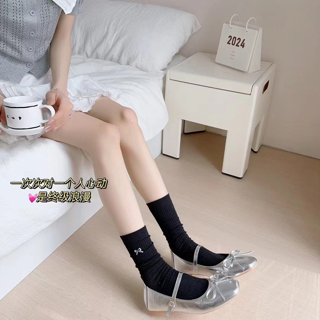 Embroidered Bow Cotton Crew Socks for Women | Casual Everyday Socks