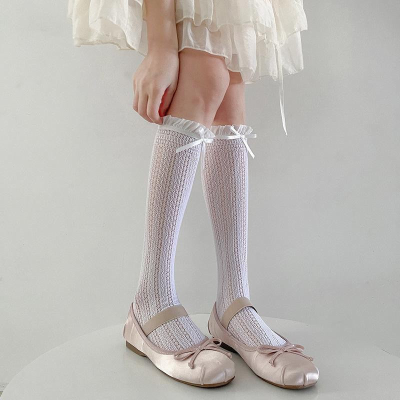 Lace Bow Ballet Crew Socks | Openwork Ruffle Socks for Women