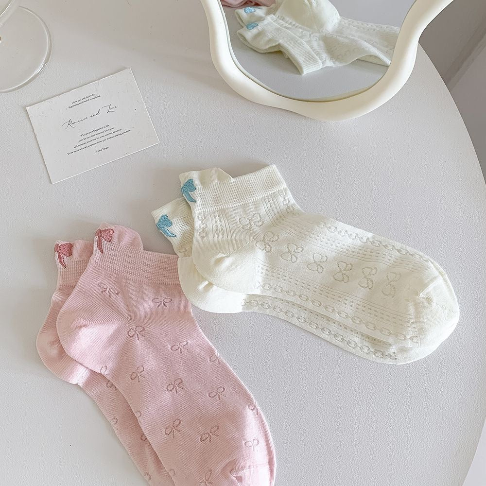 Bow Embroidered Ankle Socks for Women | Breathable Summer Mesh Socks