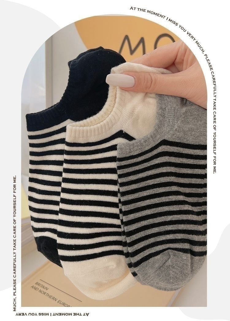 Striped No-Show Socks for Women | Non-Slip Invisible Cotton Socks