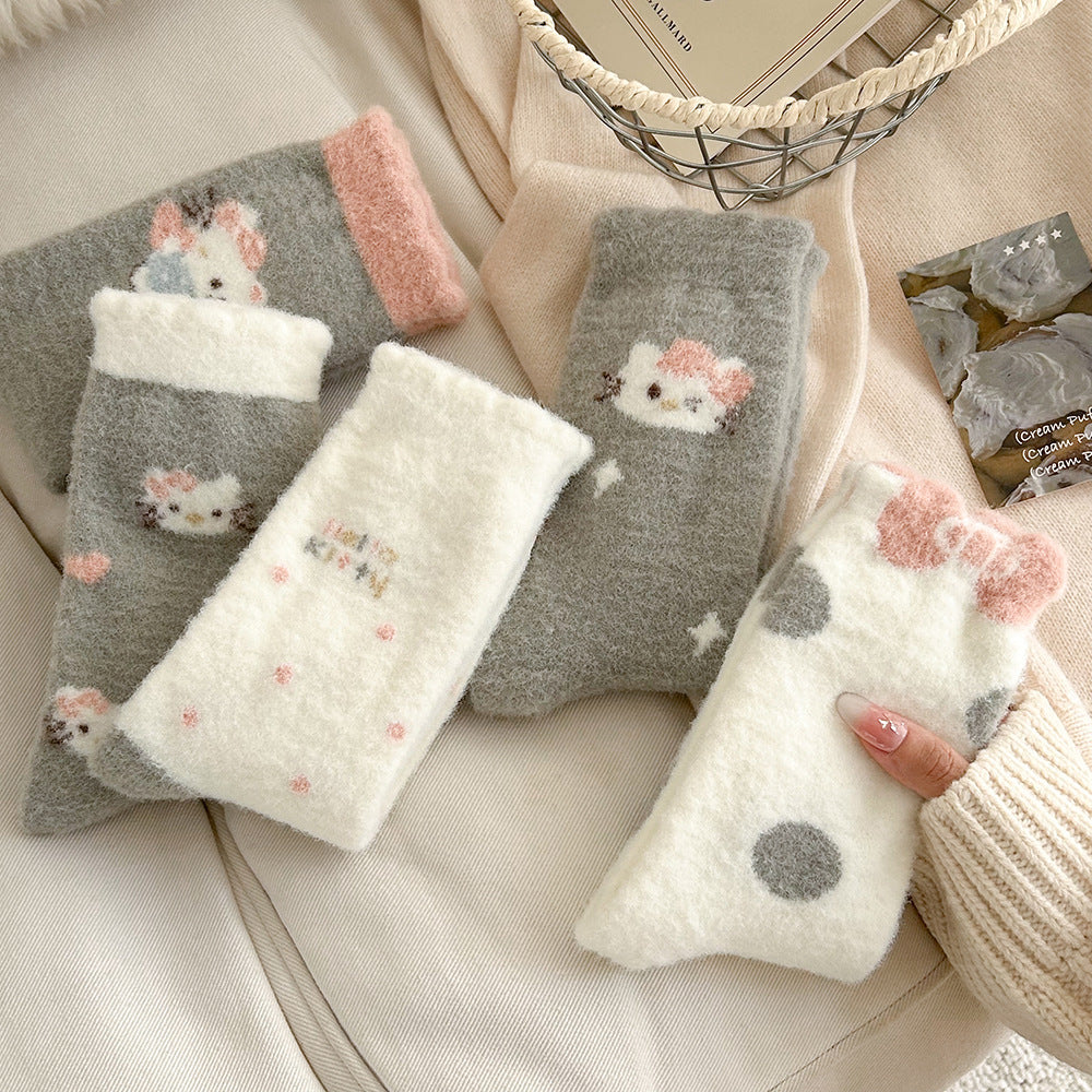 Cute Fuzzy Cozy Crew Socks | Hello Kitty Winter Socks for Women