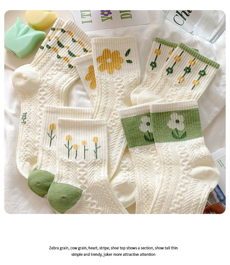 Cotton Floral Crew Socks for Women | Green Patterned Casual Socks