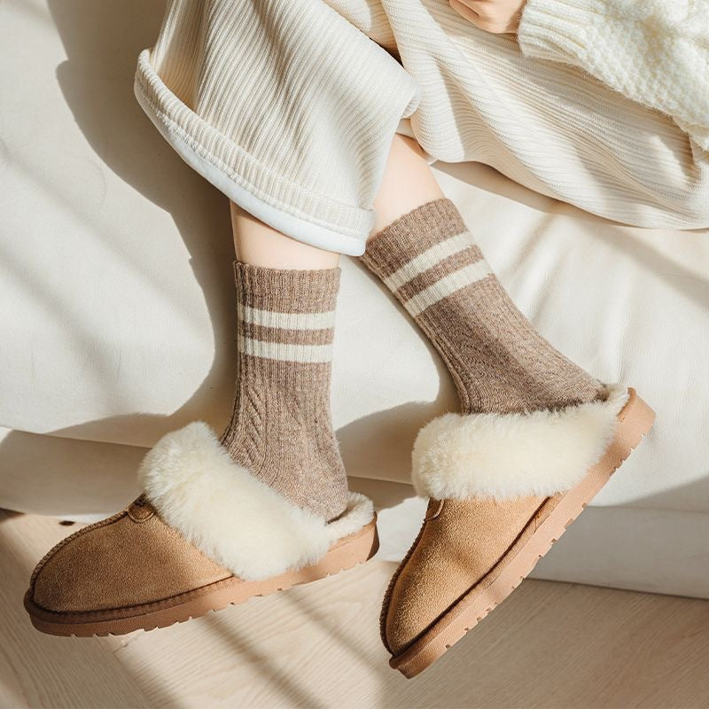 Cable Knit Two-Stripe Cozy Crew Socks for Women