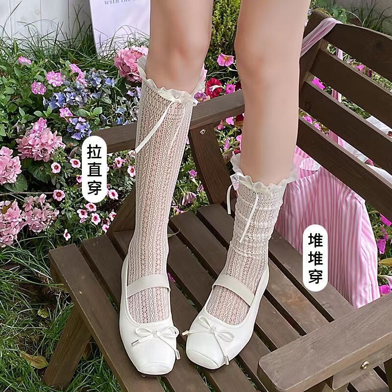 Lace Bow Ballet Crew Socks | Openwork Ruffle Socks for Women