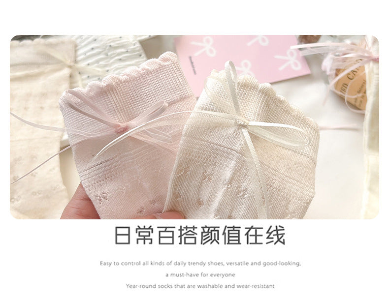 Sheer Cotton Crew Socks for Women | Bow Back Lace Trim