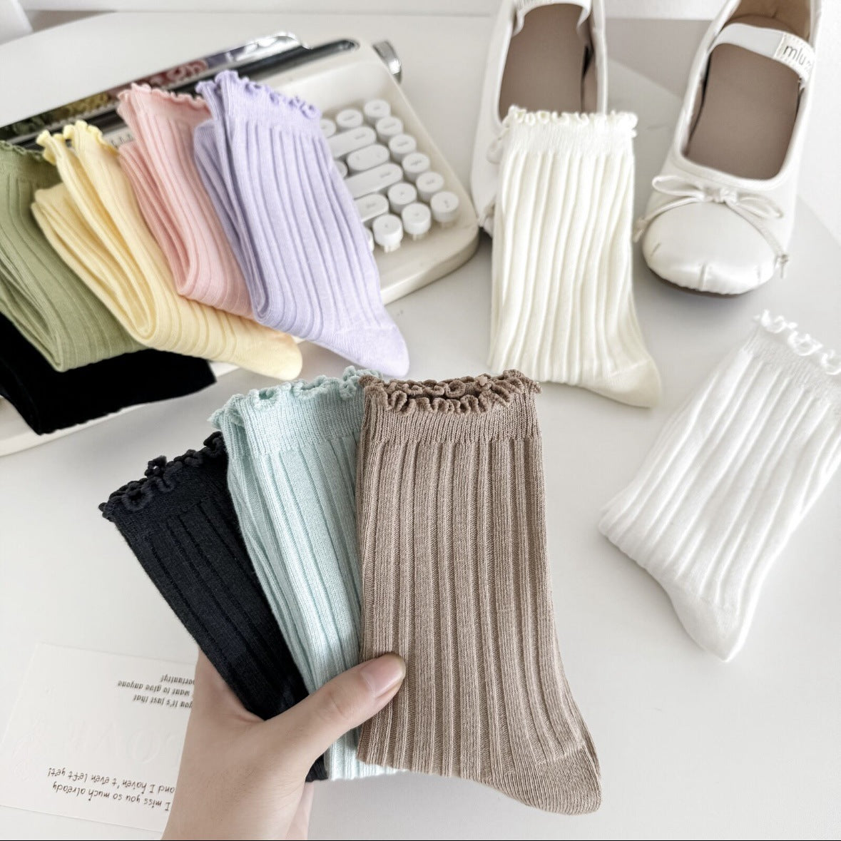 Ruffle Trim Solid Cotton Crew Socks for Women