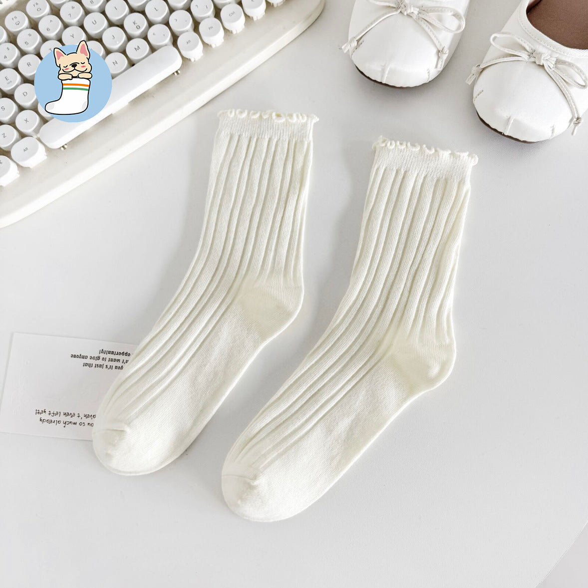 Ruffle Trim Solid Cotton Crew Socks for Women