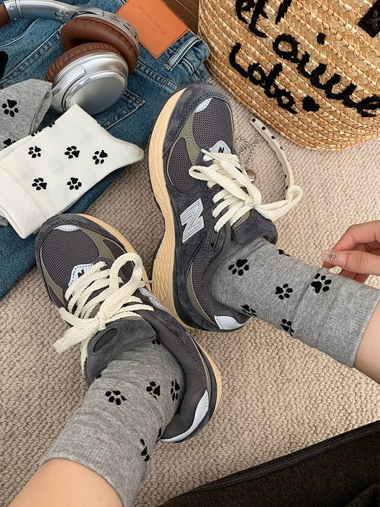 Playful Cat Paw Cotton Crew Socks for Women | Casual Patterned