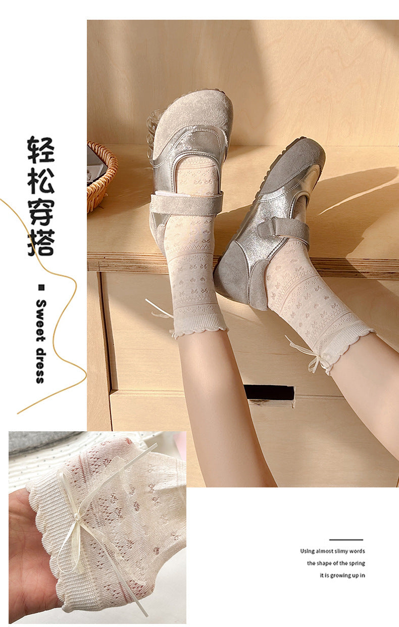 Sheer Cotton Crew Socks for Women | Bow Back Lace Trim