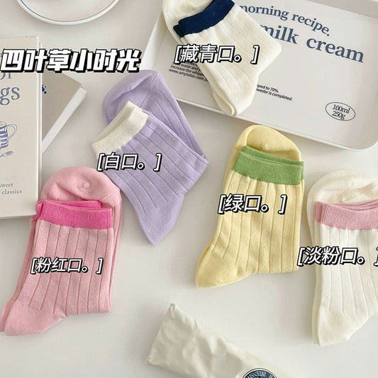 Contrast Cuff Crew Socks for Women | Lightweight Striped Cotton Socks