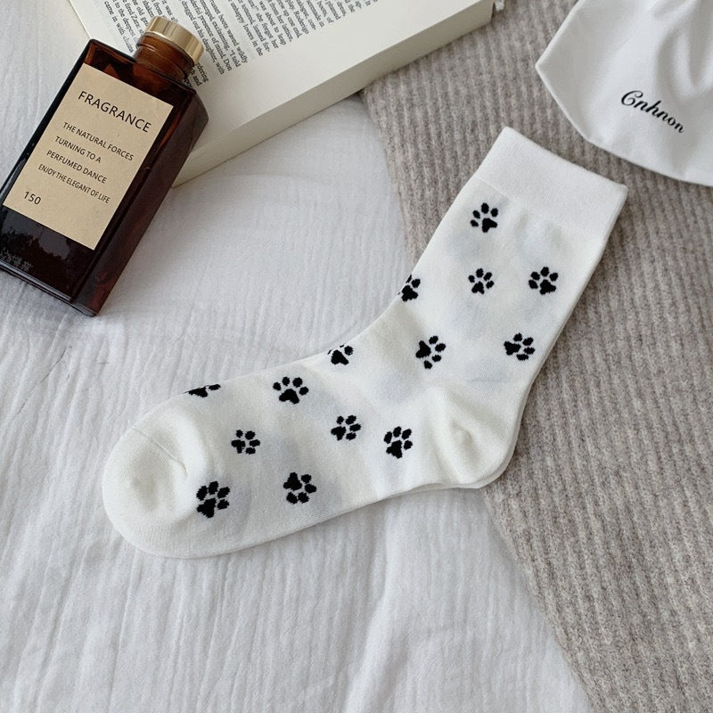 Playful Cat Paw Cotton Crew Socks for Women | Casual Patterned