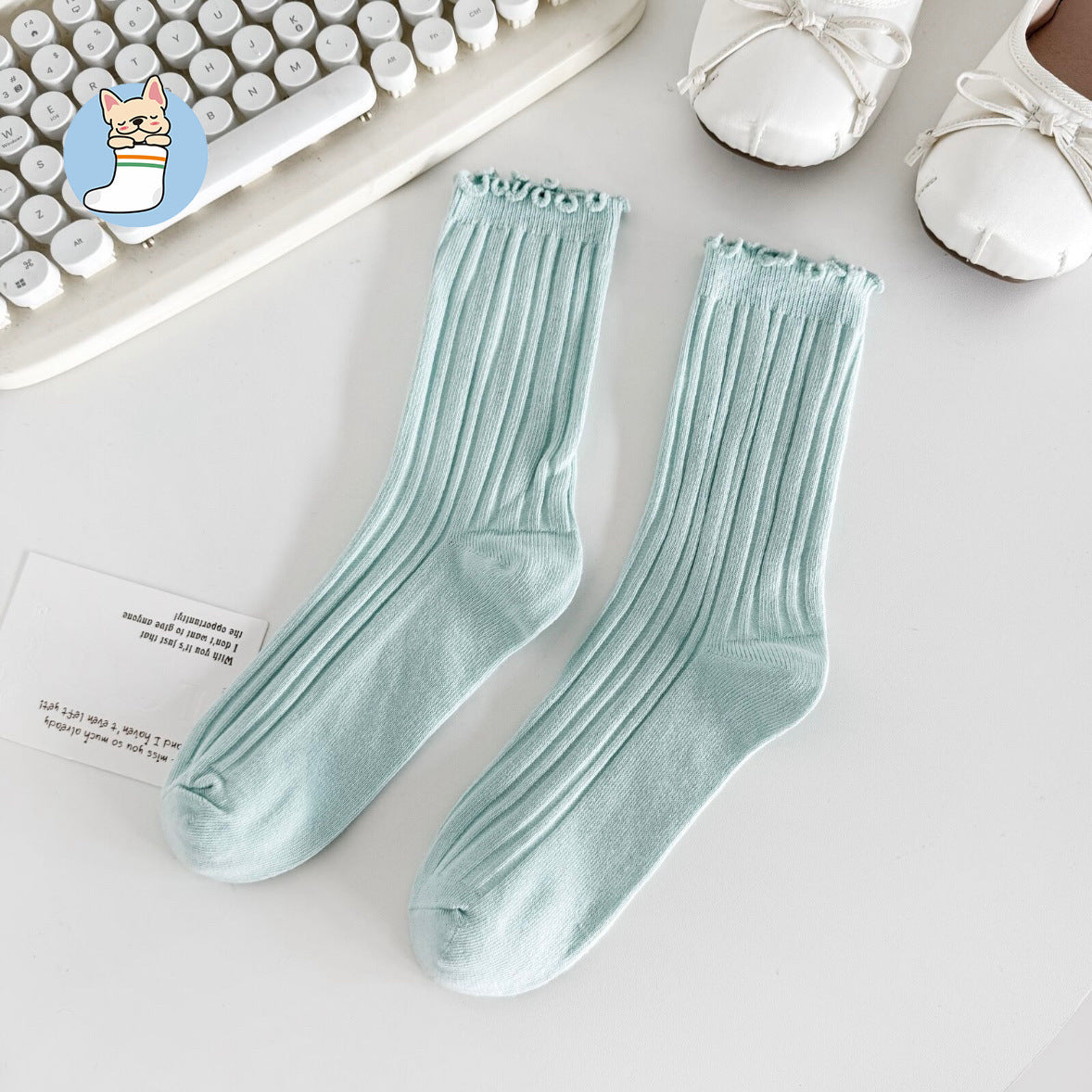 Ruffle Trim Solid Cotton Crew Socks for Women