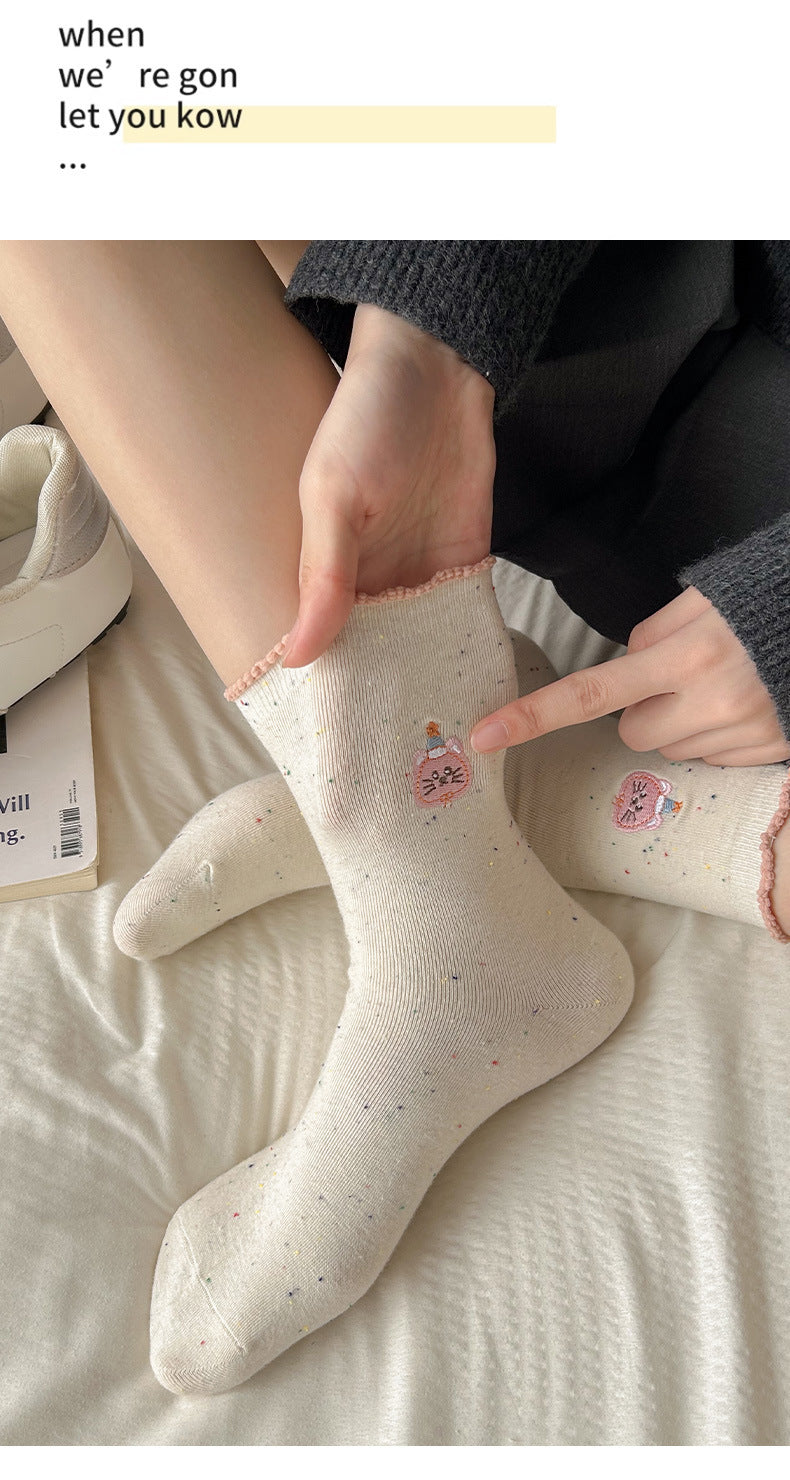 Cute Embroidered Cotton Crew Socks for Women | Ruffled Casual Socks