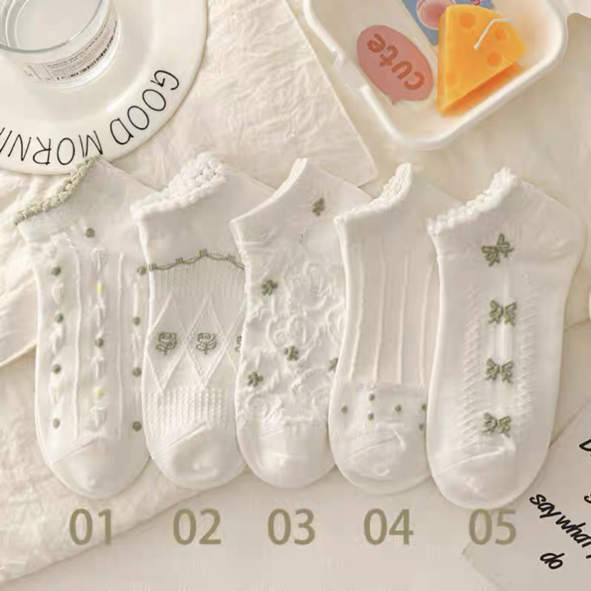 Cute Ruffled Ankle Socks for Women | Fresh White Green Cotton Socks