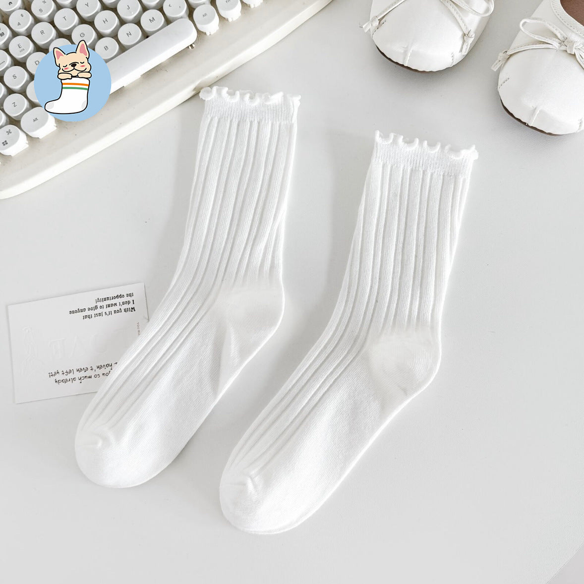 Ruffle Trim Solid Cotton Crew Socks for Women