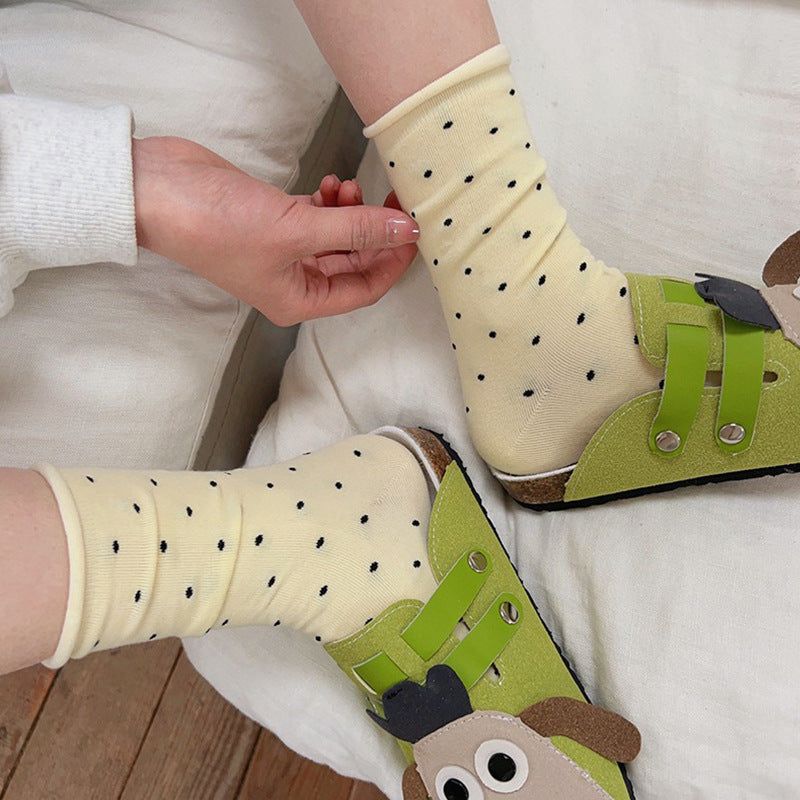 Polka Dot Cotton Crew Socks | Women's Rolled Edge Mid Calf Socks