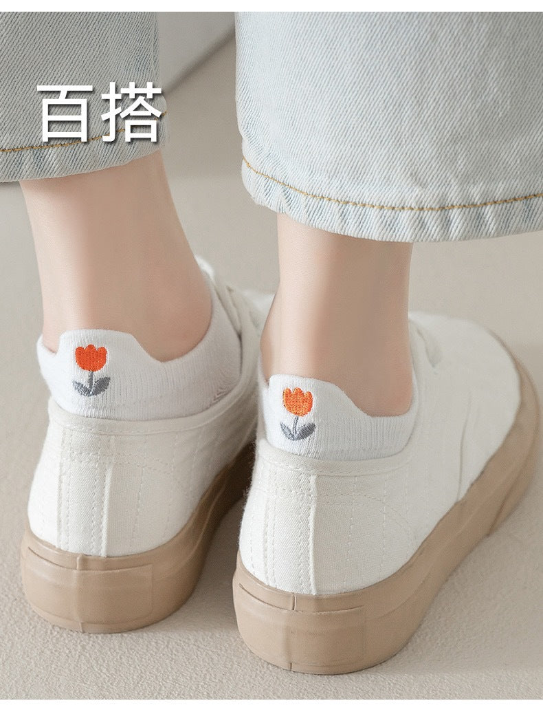 Cute Embroidered No-Show Socks | White Breathable Cotton For Women