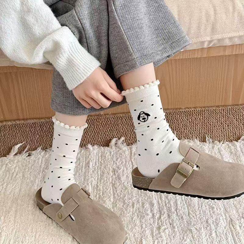 Cute Embroidered Dog Polka Dot Crew Socks for Women
