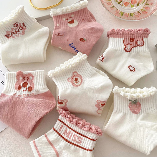 Cute Ruffled Ankle Socks for Women | Pink Strawberry Bear Cotton Socks