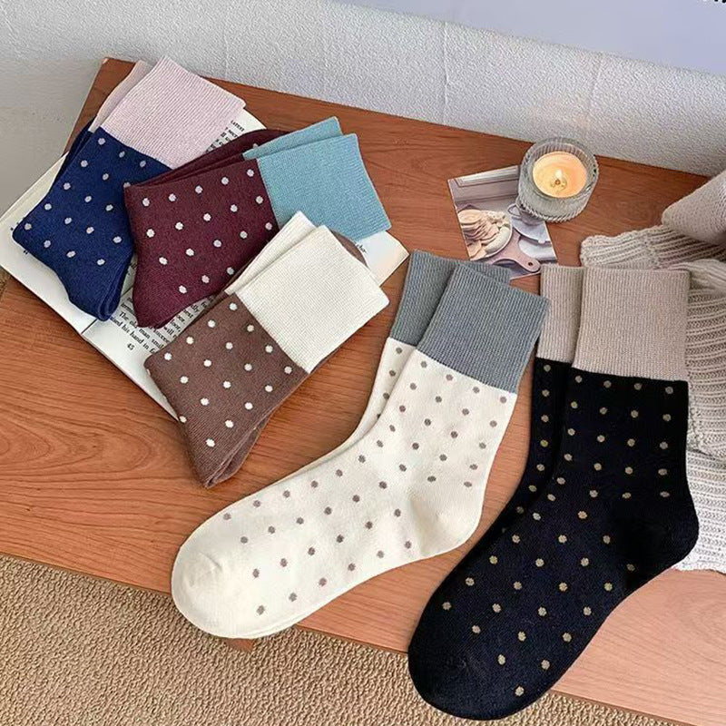 Retro Polka Dot Colorblock Crew Socks for Women
