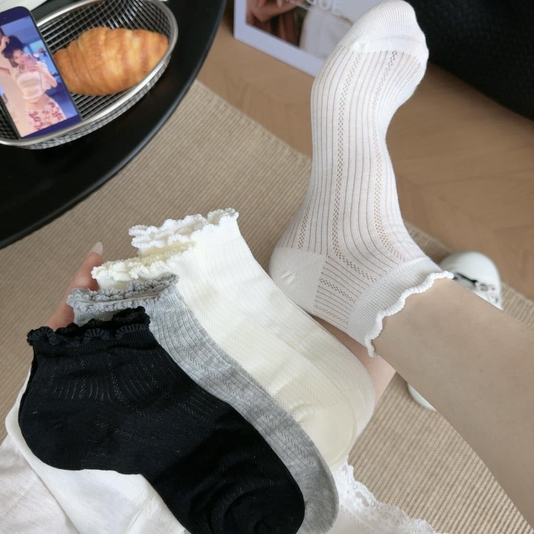 Ruffle Trim Mesh Ankle Socks for Women | Breathable Summer Socks