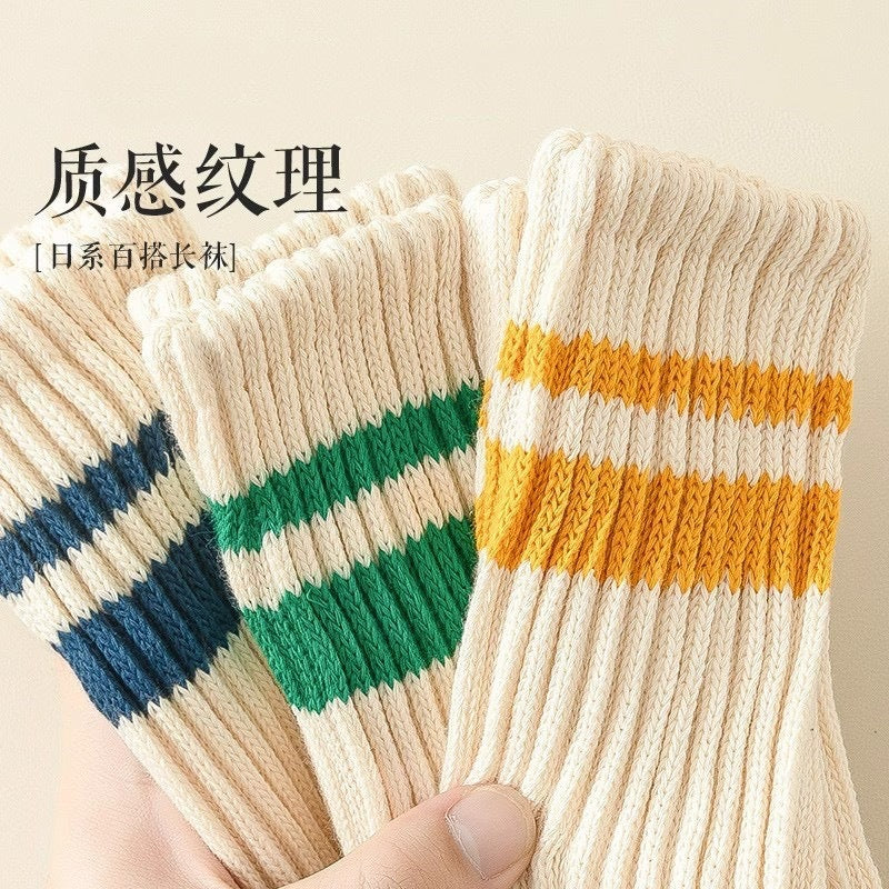 Striped Cotton Crew Socks | Casual Athletic Women's Mid Calf Socks