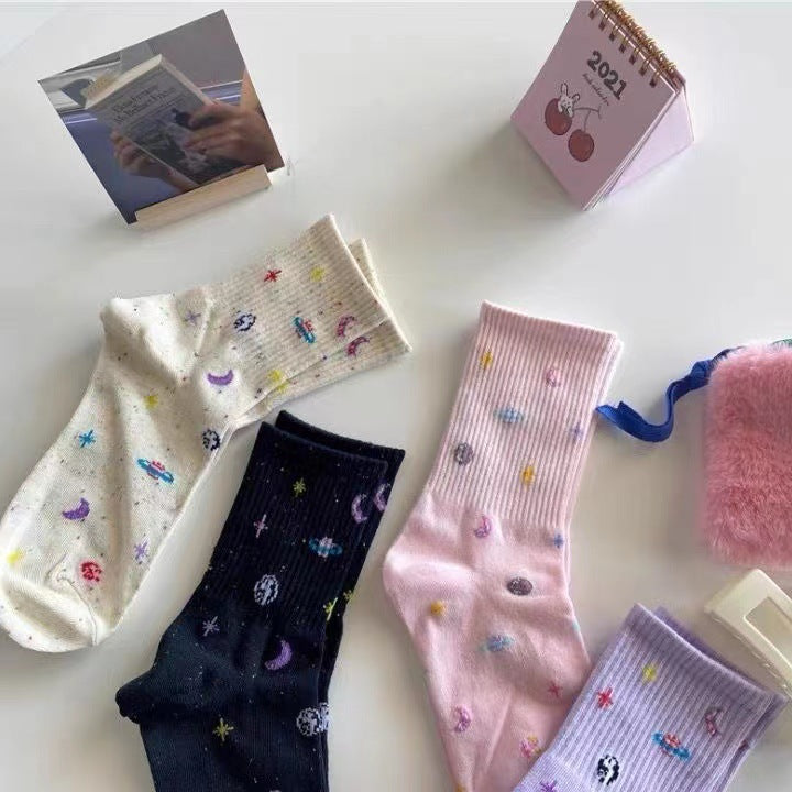 Women's Starry Patterned Crew Socks | Soft Cotton Novelty Socks