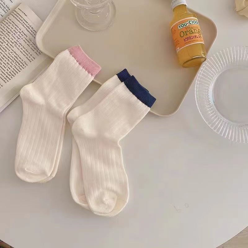 Contrast Cuff Crew Socks for Women | Lightweight Striped Cotton Socks