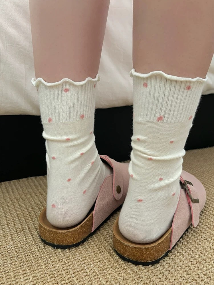Ruffled Polka Dot Cotton Crew Socks for Women